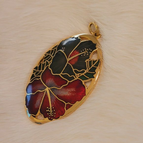 VINtage Enamel Flower Pendant Guilloche Oval Gold Tone Metal Large 6268 - Picture 3 of 6